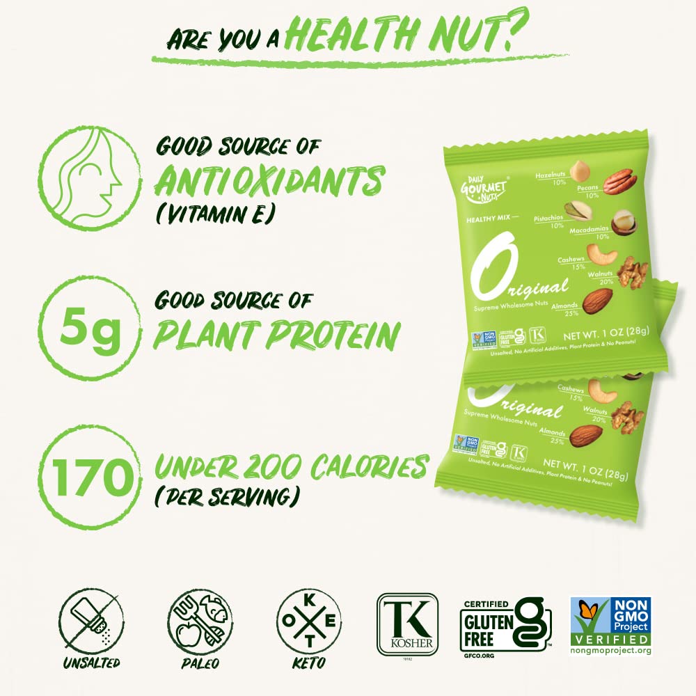 Premium Unsalted Mixed Nuts Snack Packs - Healthy No Peanuts Trail Mix, Individually Wrapped Gourmet Nuts for Office, Gym & Travel - Deluxe Assorted Nut Snacks