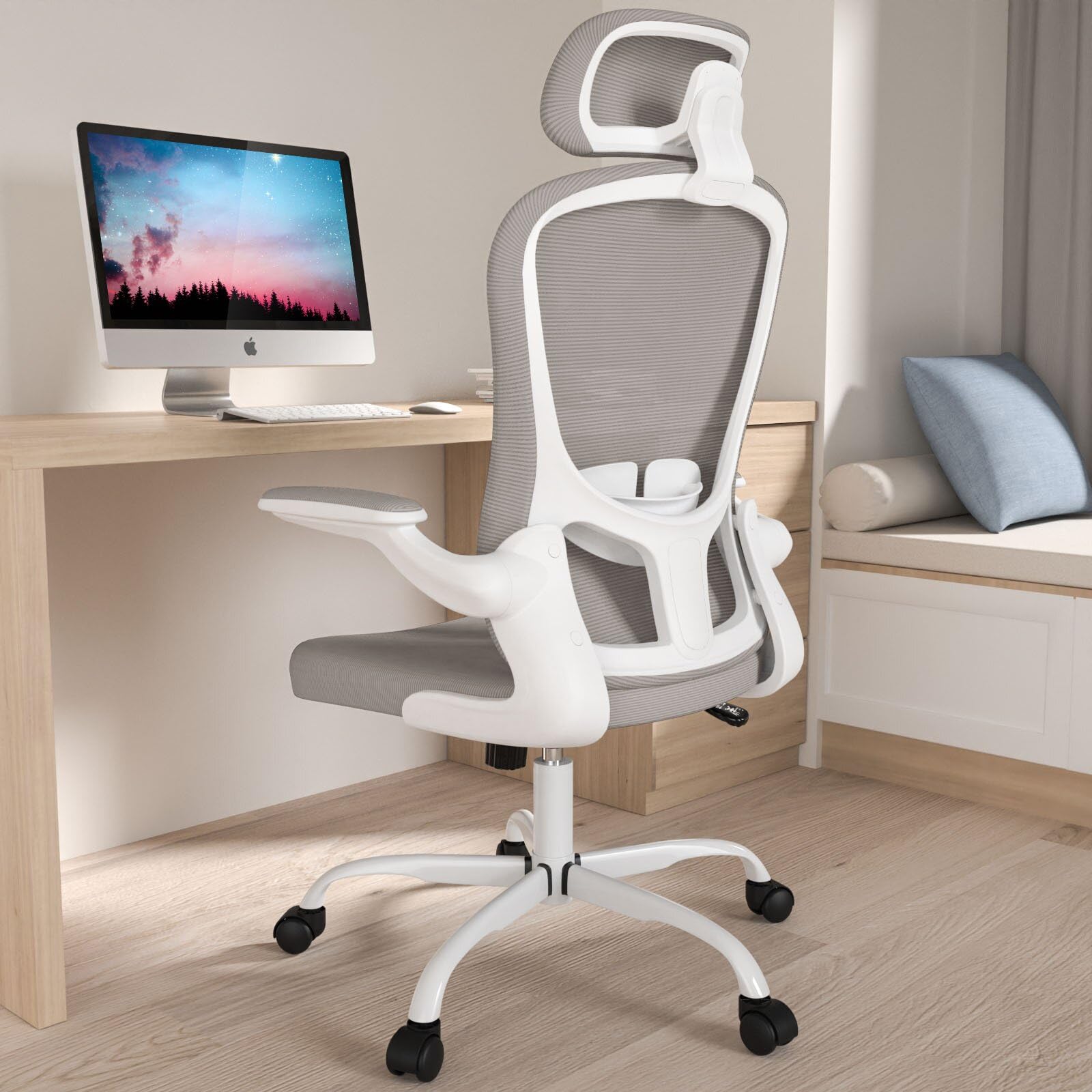 Ergonomic High Back Office Chair with Adjustable Lumbar Support & Headrest - Breathable Mesh Desk Chair, Swivel Task Chair with Flip-Up Armrests - Perfect for Home Office & Executive Workspaces