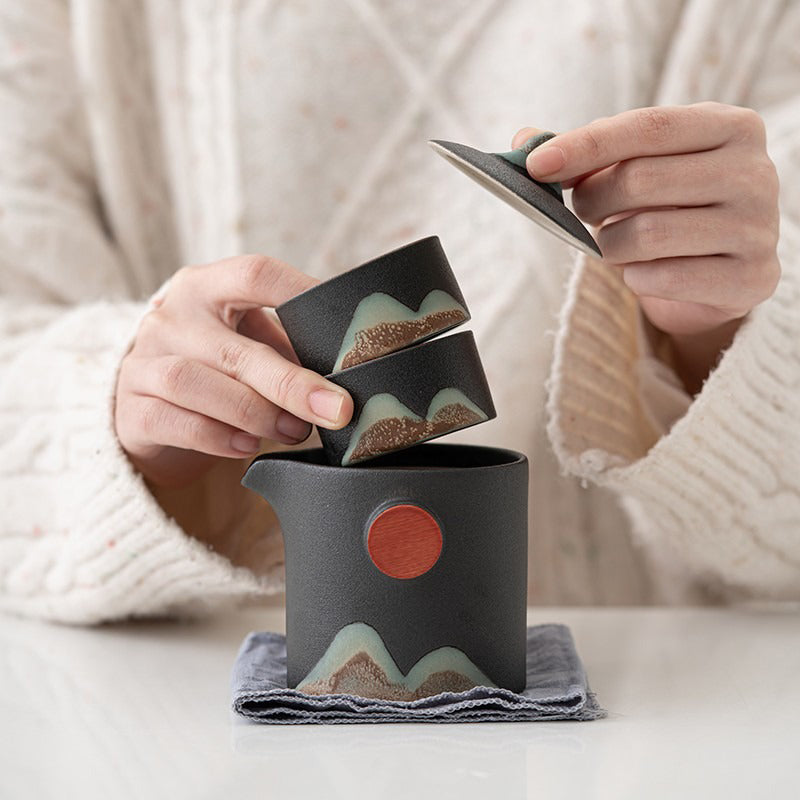 Premium Japanese Mountain Sun Travel Tea Set - Portable Ceramic Tea Cup & Infuser for Camping, Hiking & Outdoor Adventures