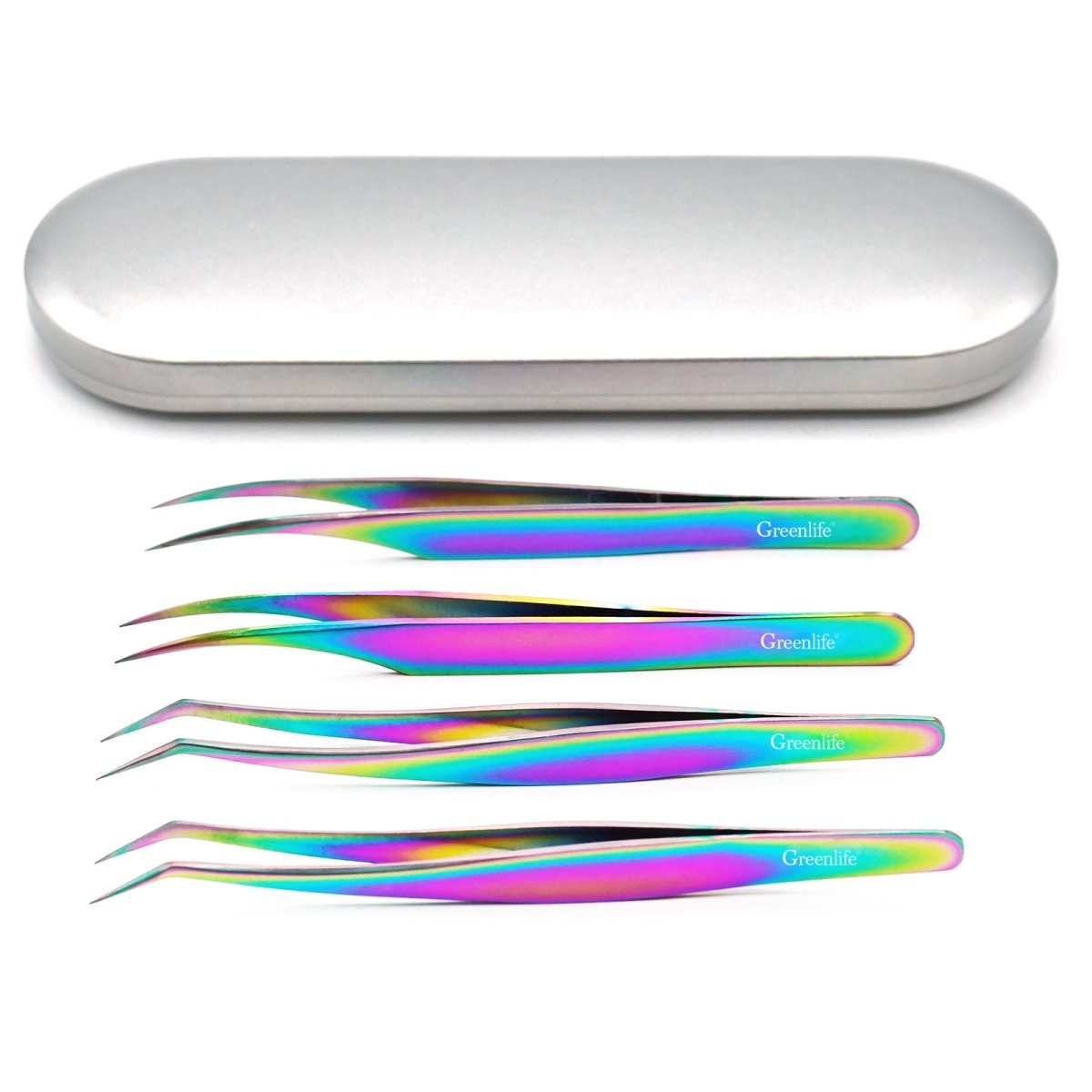 4PC Rainbow Color Eyelash Tweezers Kit - Professional False Eyelash Applicator Set for Salon, Home & Travel Use