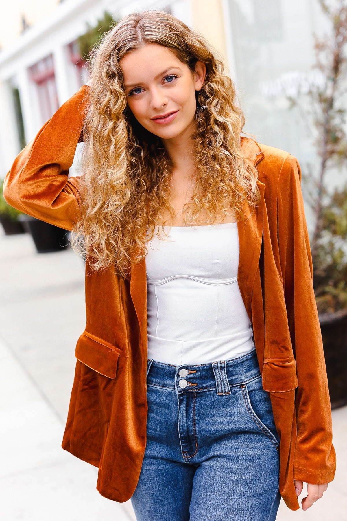 Stylish Rust Velvet Blazer with Lapel - Elegant Holiday Party Outfit for Women | Perfect for Christmas, Weddings & Special Occasions