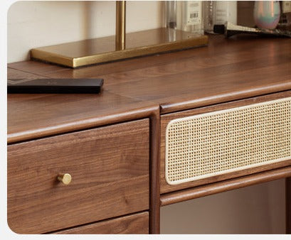 Premium Black Walnut Solid Wood Rattan Vanity Dressing Table - Elegant Makeup Desk with Mirror for Bedroom, Bathroom & Boudoir Organization