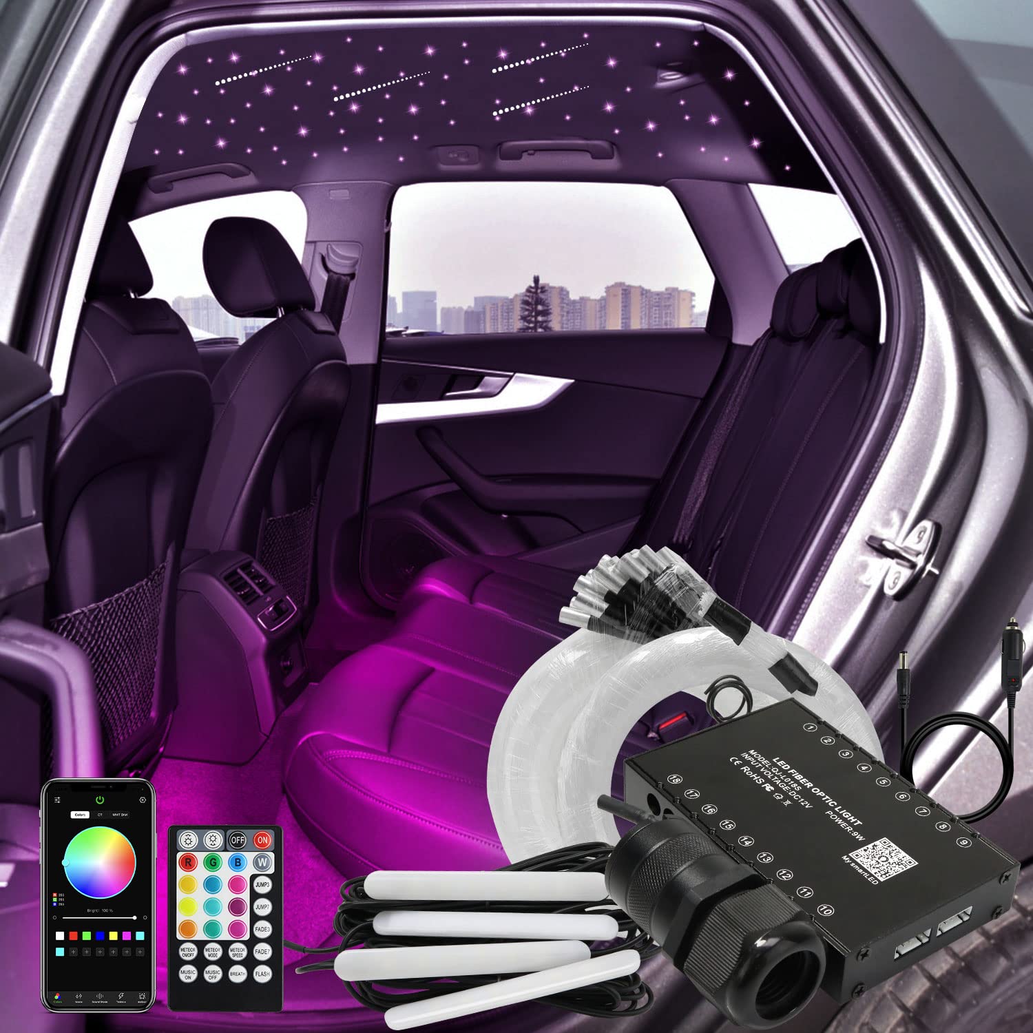 AKEPO 3-in-1 Fiber Optic Lights Kit with APP Control - 6W RGBW Star Ceiling Light & Car Under Dash LED - Meteor Effect & Music Sync - 295pcs Mixed Diameter Fibers (9.8ft) - Perfect for Bedroom, Car Interior, and Party Decorations