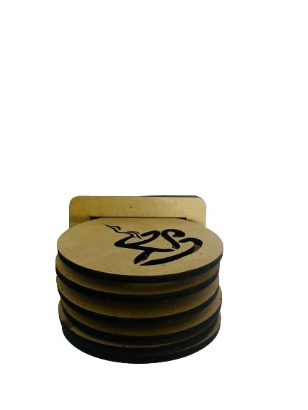 6-Piece Wooden Round Coaster Set with Decorative Holder - Absorbent Tabletop Coasters for Tea, Coffee, Mugs & Beer Cans - Rustic Indian Handicrafts for Home, Bar & Office Decor