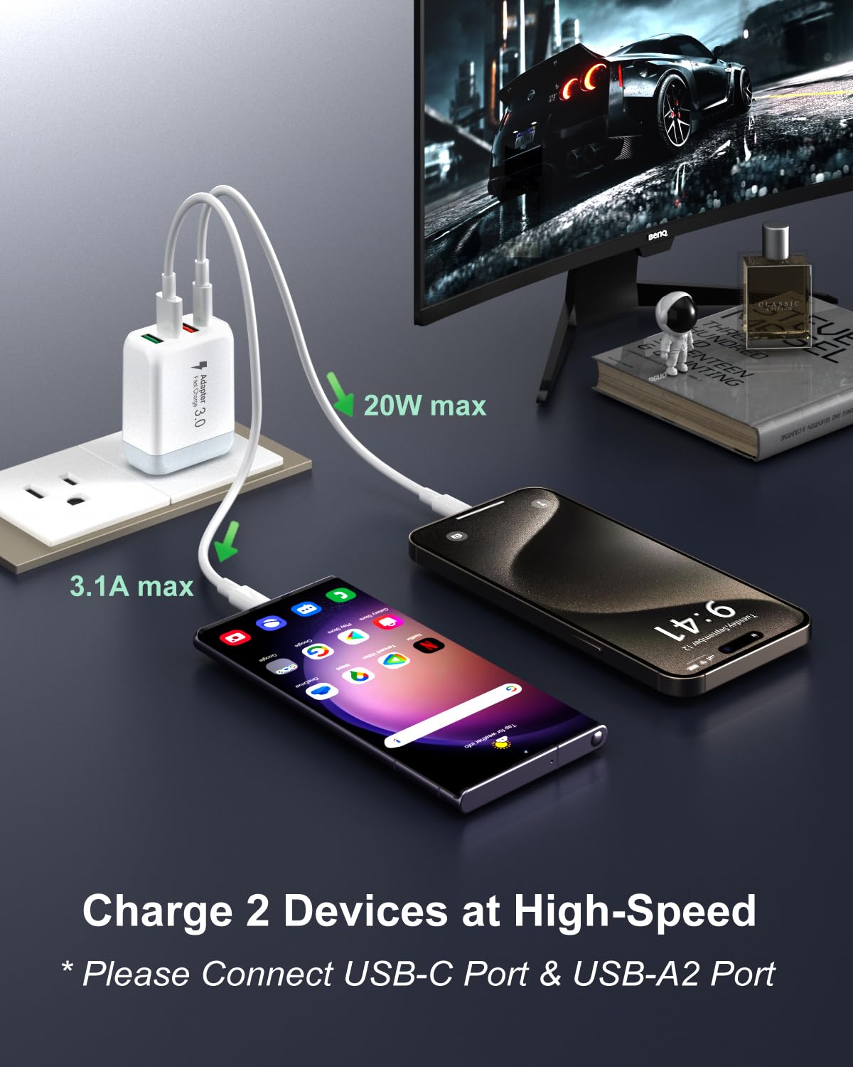OKRAY 2-Pack 40W 4-Port USB C Fast Charger Block with PD3.0 & QC3.0 - Multi Port Wall Charger for iPhone 16/15 Pro Max/Plus/14/13/12/11/XR, iPad Mini, iWatch 9/SE - Perfect for Home, Office & Travel Charging Needs