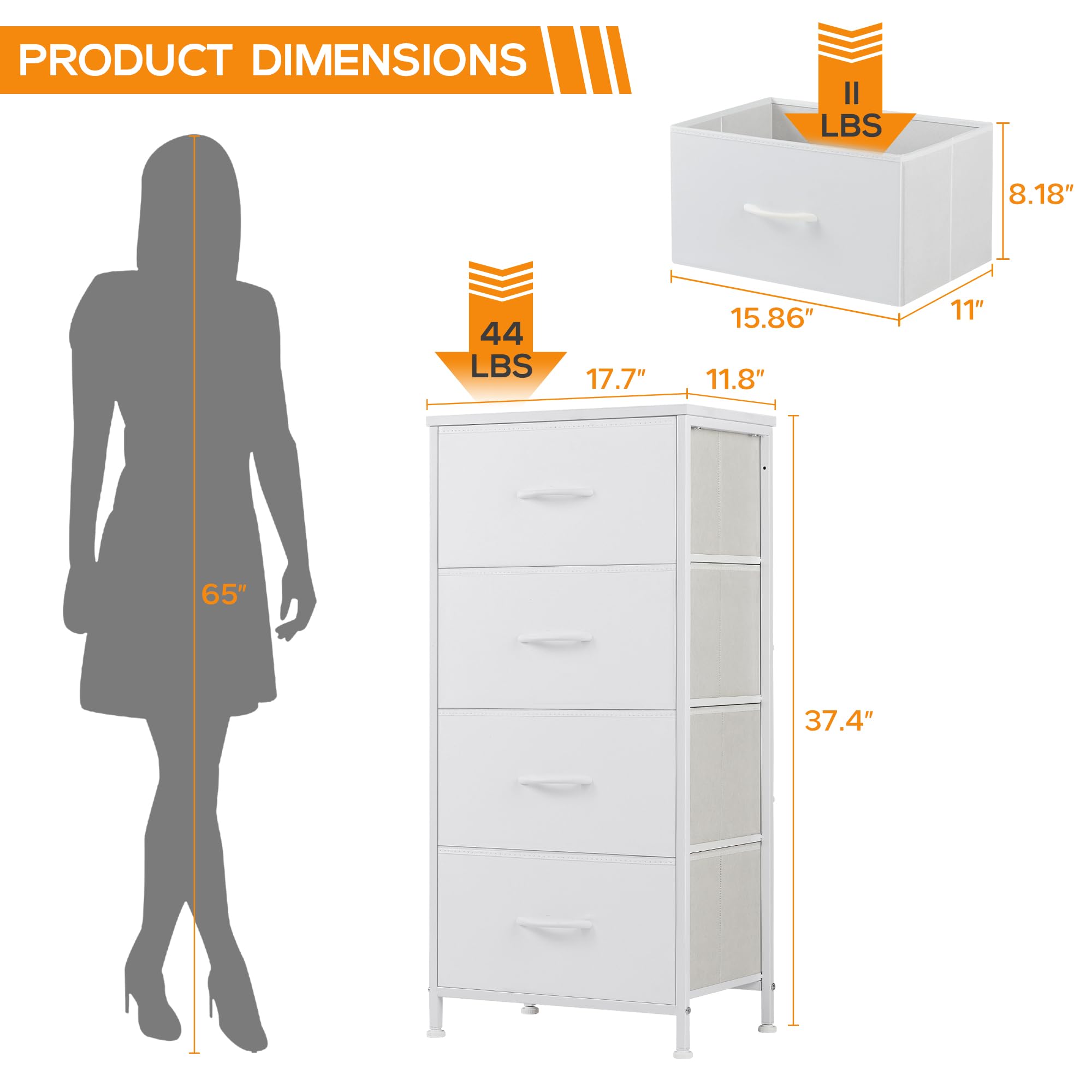 DUMOS 4-Drawer Dresser for Bedroom Storage - Tall Fabric Closet Organizer with Wooden Top & Metal Frame - Kids Clothes Chest for Living Room, Hallway, Entryway | Perfect for Small Space Organization & Home Decor