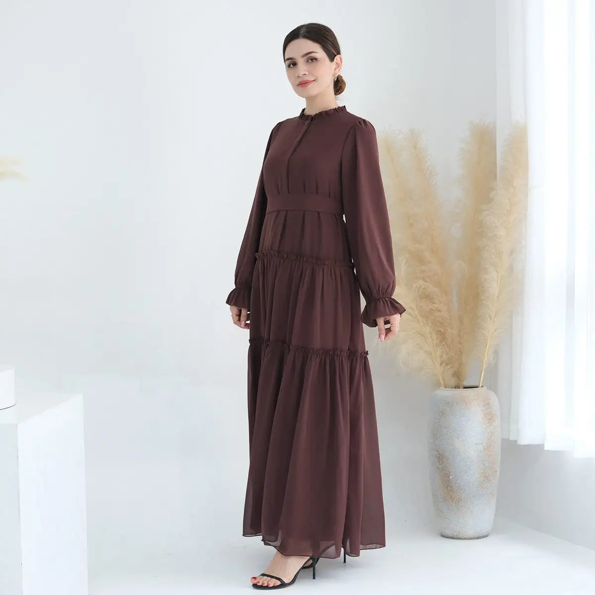 Elegant Muslim Women's Solid Color Chiffon Abaya Dress - Modest Islamic Prayer Dress for Mosque, Eid & Special Occasions