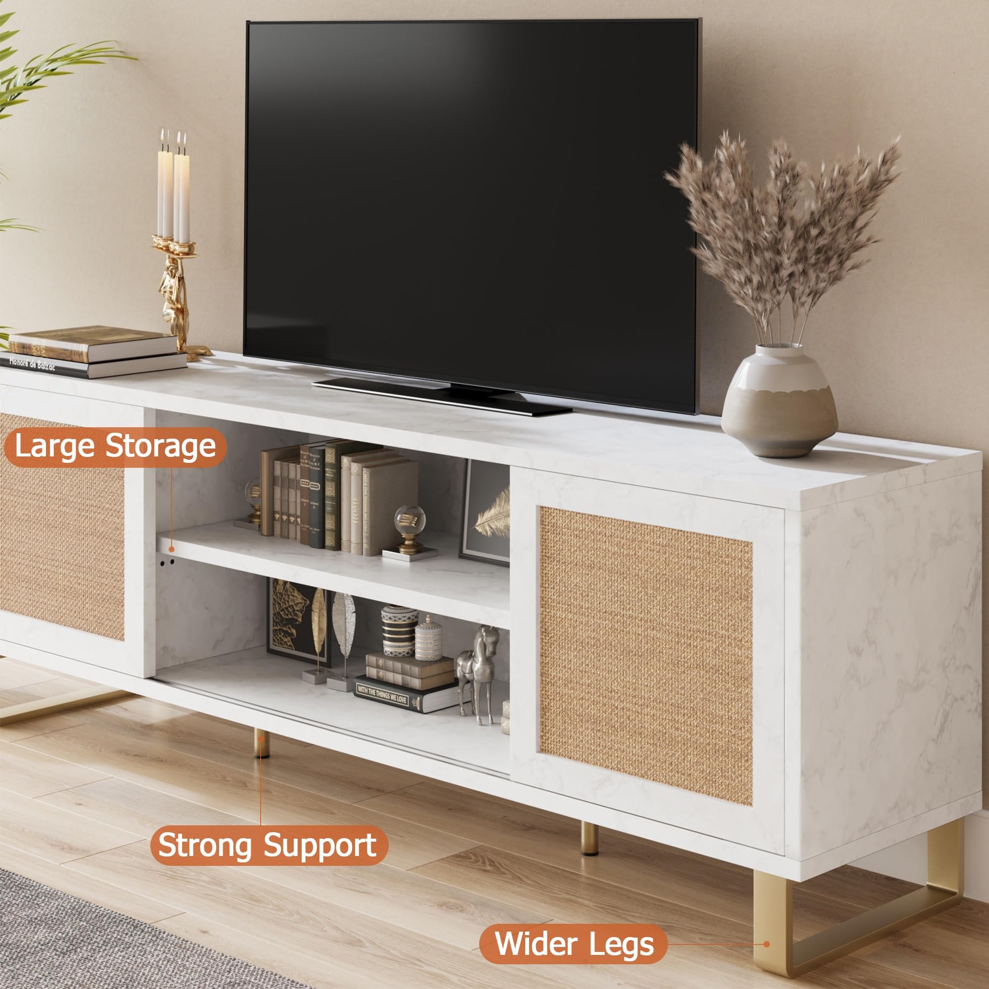 Modern White Rattan TV Stand 66 Inch - Entertainment Center with Storage Doors & Shelves, Media Cabinet for Living Room & Bedroom - Perfect for Organizing TVs, Gaming Consoles & Home Decor