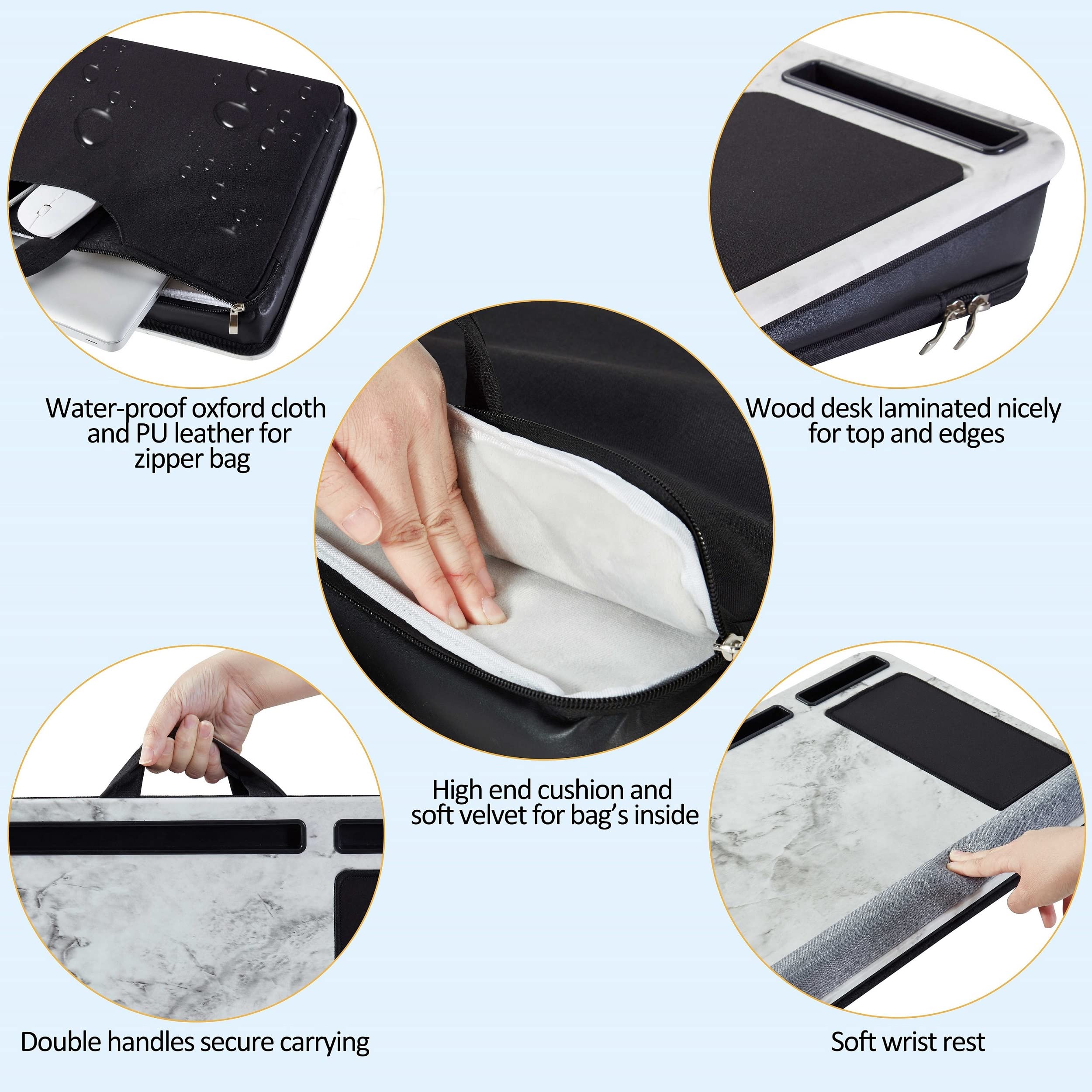 Ergonomic Laptop Lap Desk with Cushion & Wrist Support - Portable Bed Desk with Built-in Mouse Pad & Media Slots - Includes Laptop Bag (Marble Design) for Home, Office, Travel & Study Use