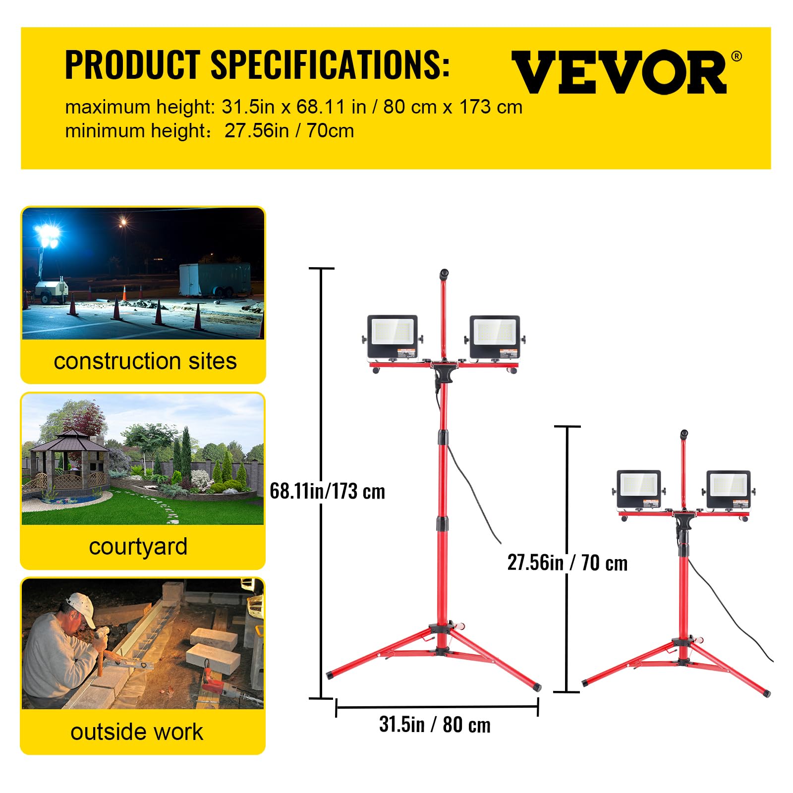VEVOR 2PCS 10000 Lumen Dual-head LED Work Light with Adjustable Tripod Stand (27.6