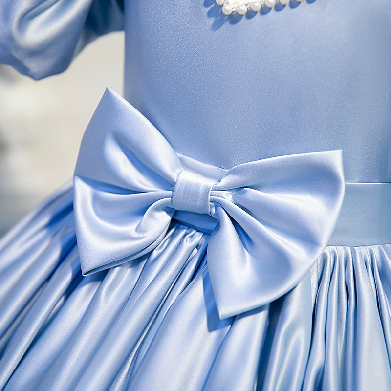 Royal Blue Satin Princess Jewel Neck Floor-Length Flower Girl Dress - Perfect for Weddings, Pageants & Special Occasions