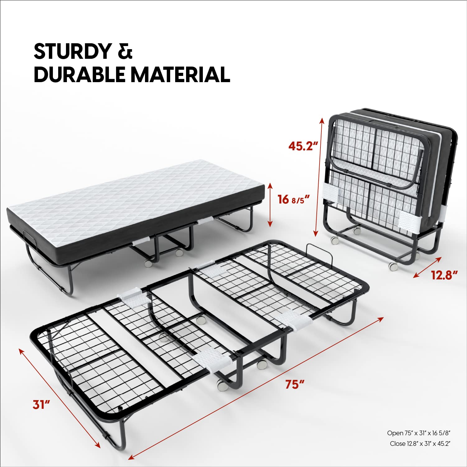 EconoHome Twin Size Folding Bed with 5-inch Memory Foam Mattress - 75x38 Inch Portable Rollaway Guest Bed - Space-Saving Foldable Design for Easy Storage (31 Inch) - Perfect for Small Apartments, Guest Rooms & Home Offices