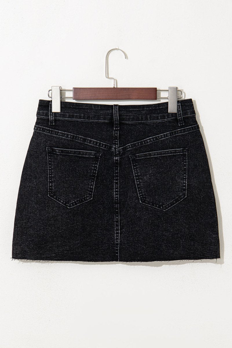 Carbon Grey Mineral Wash Ripped Raw Hem Denim Mini Skirt for Women - Vintage Distressed Denim Skirt for Casual Outfits & Streetwear Fashion