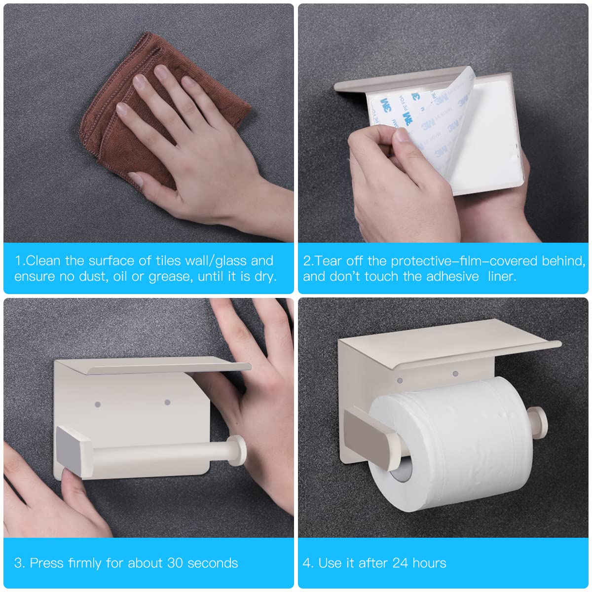 VAEHOLD Self-Adhesive Toilet Paper Holder with Phone Shelf - SUS 304 Stainless Steel Wall Mounted Bathroom Tissue Roll Holder - Rustproof & Waterproof Design - Beige - Perfect for Small Bathrooms, Powder Rooms & RVs