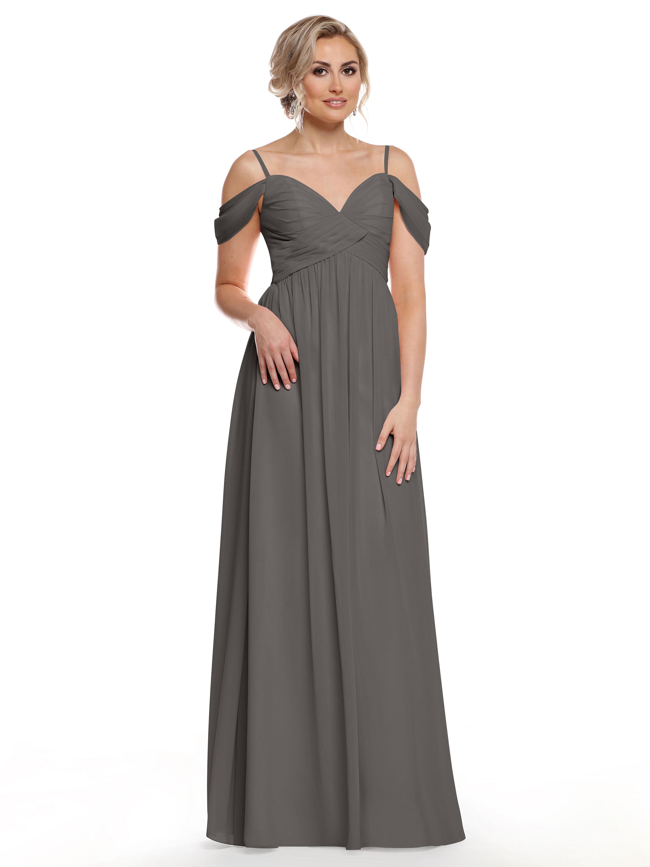 Elegant 80142 Off-The-Shoulder Chiffon Bridesmaid Dress with Spaghetti Straps - Perfect for Weddings, Formal Events & Evening Parties