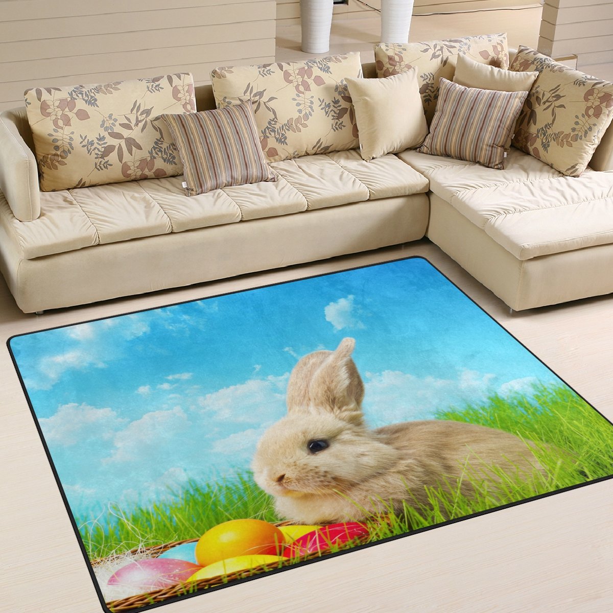 ALAZA Blue Sky Cute Rabbit Bunny Egg Easter Day Area Rug - 5'3