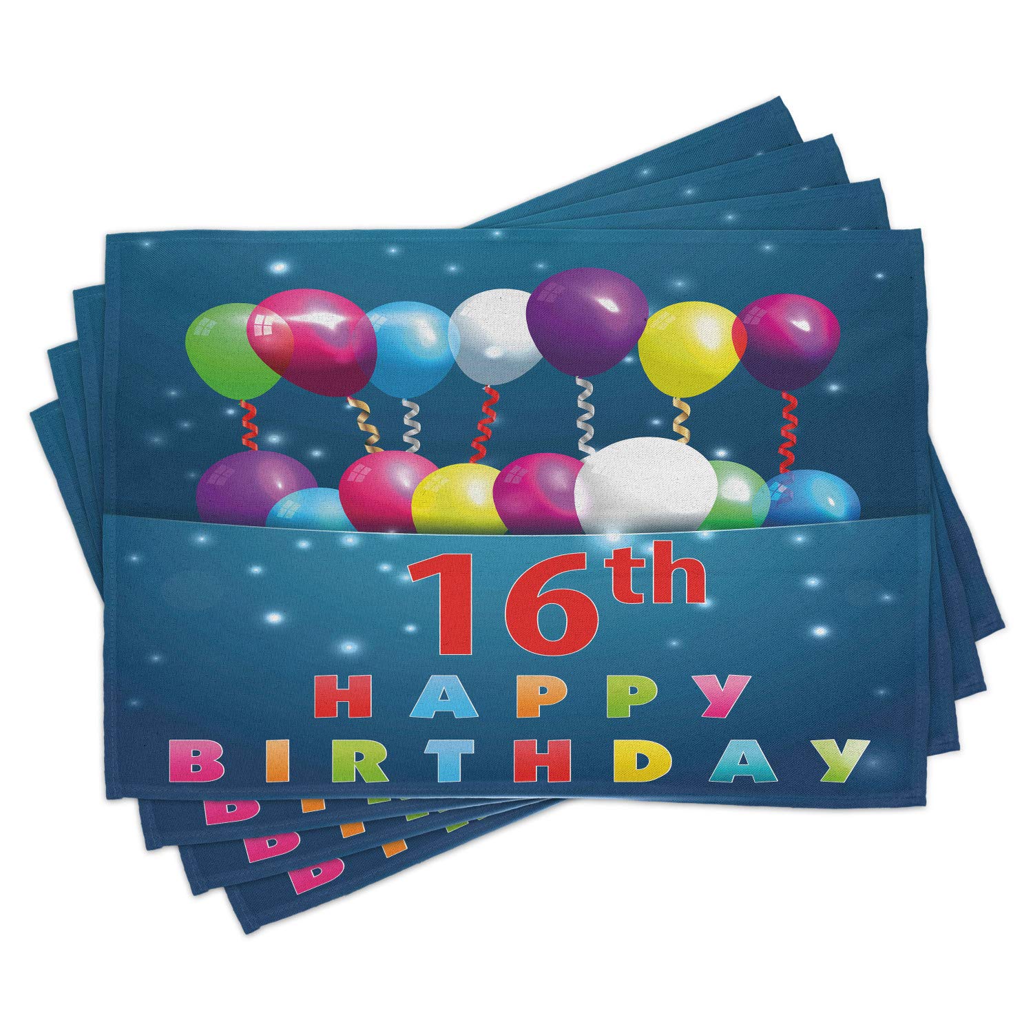 Ambesonne 16th Birthday Party Placemats Set of 4 - Colorful Balloon Themed Washable Fabric Table Mats for Dining Room & Kitchen Decor - Perfect for Sweet 16 Celebrations, Teen Parties & Family Gatherings