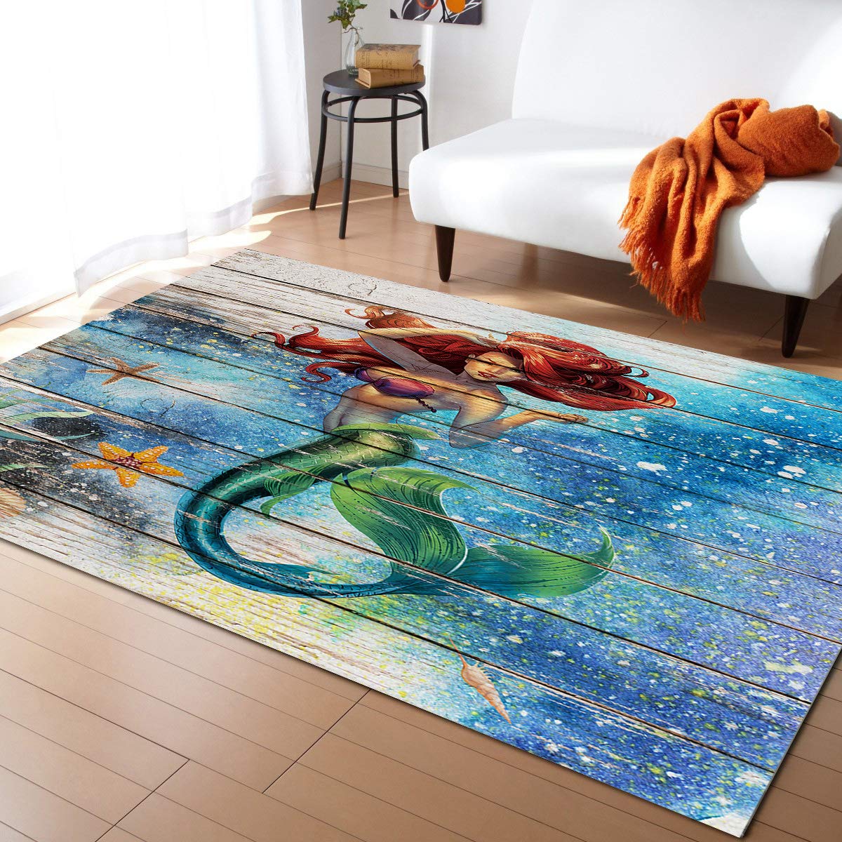 5'x7' Marine Theme Brown Hair Mermaid Wood Grain Area Runner Rug - Washable Indoor/Outdoor Carpet for Kitchen, Living Room, Bathroom, Bedroom, Classroom & Laundry Room - Perfect as Welcome Doormat, Desk Mat or Bath Rug for Coastal Decor