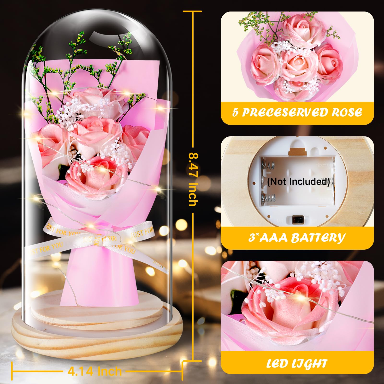 JUNYANG Preserved Rose in Glass Dome with LED Light - Eternal Pink Rose Bouquet Gift for Women, Mothers Day, Birthday, Anniversary - Perfect for Home Decor, Wedding Centerpiece, Romantic Surprise (Pink)