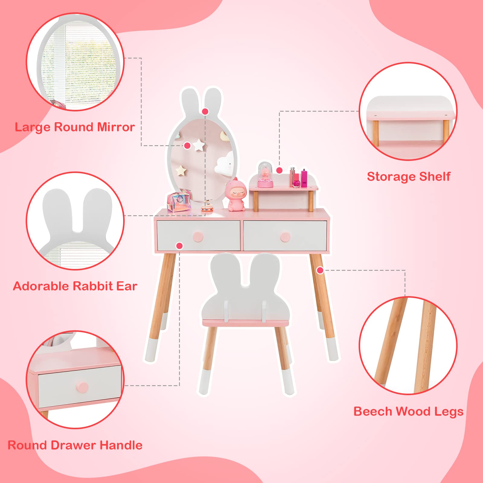 **White Kids Vanity Set with Mirror, Storage Shelf & 2 Large Drawers - Princess Dressing Table & Toddler Makeup Vanity for Girls - Perfect for Playroom, Bedroom & Birthday Gifts**