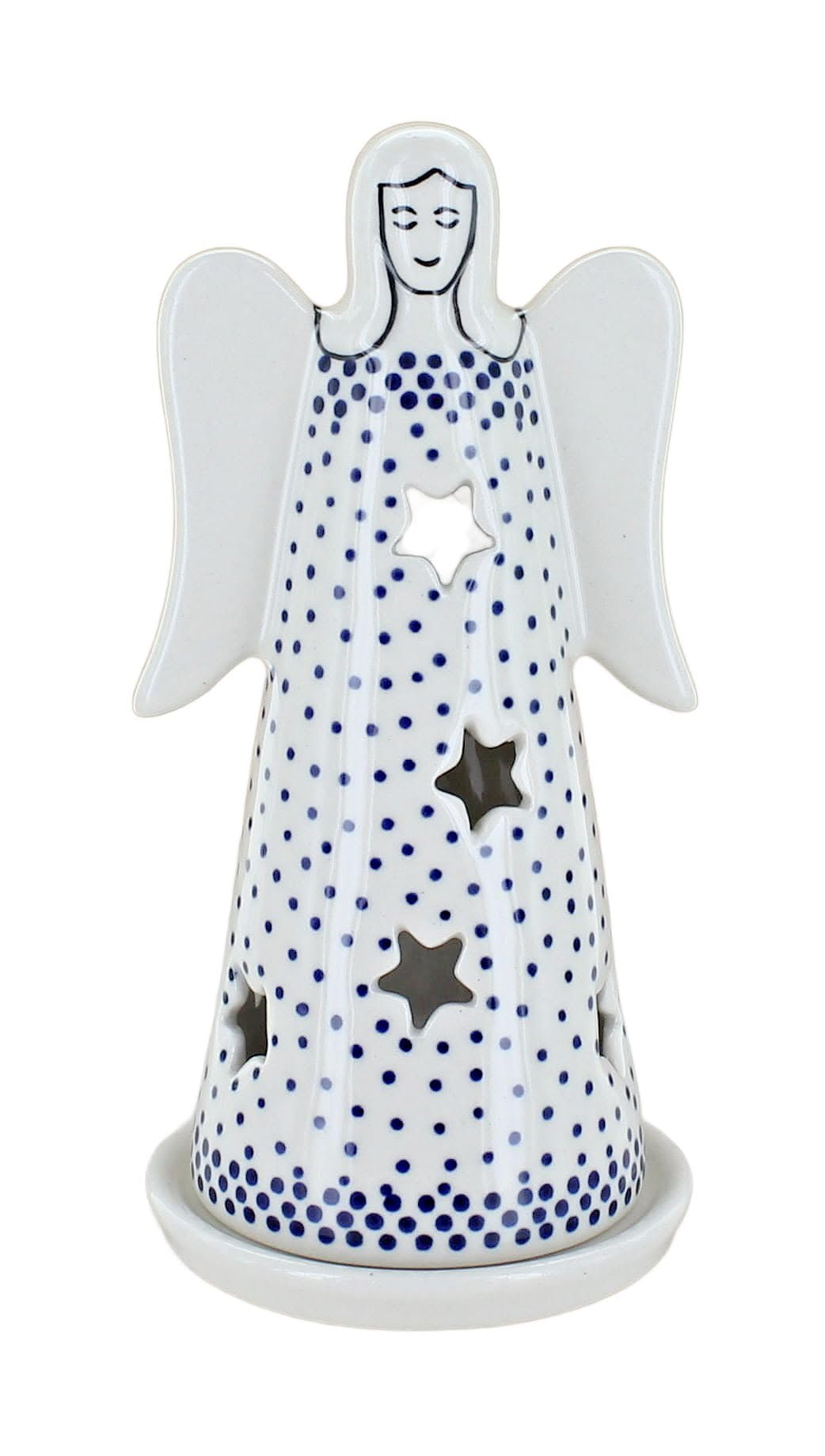 Handmade Blue Rose Polish Pottery Luminary with Small Dots & Angel Design - Perfect for Home Decor, Wedding Centerpieces & Holiday Gifts