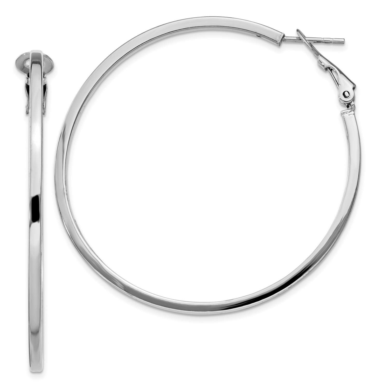 Sterling Silver 2mm Omega Clip Back Rhodium Plated Hoop Earrings for Women - 52x52mm Elegant Everyday Jewelry for Parties, Weddings & Gifts