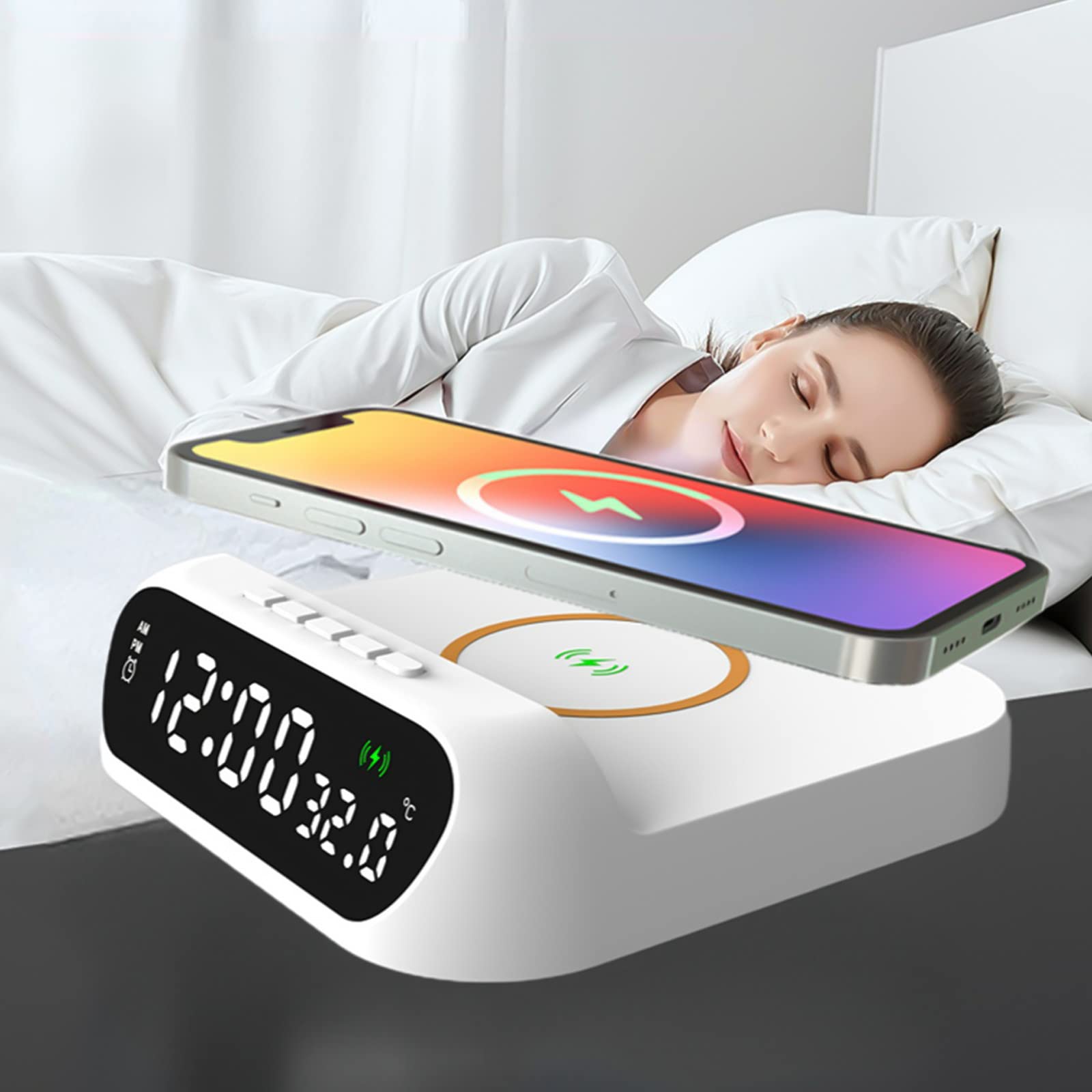 3-in-1 Wireless Charging Alarm Clock with LED Display - 15W Fast Wireless Charger, Digital Clock with Temperature Sensor, Nightstand Charging Station for iPhone, Samsung - Perfect for Bedroom, Office & Travel