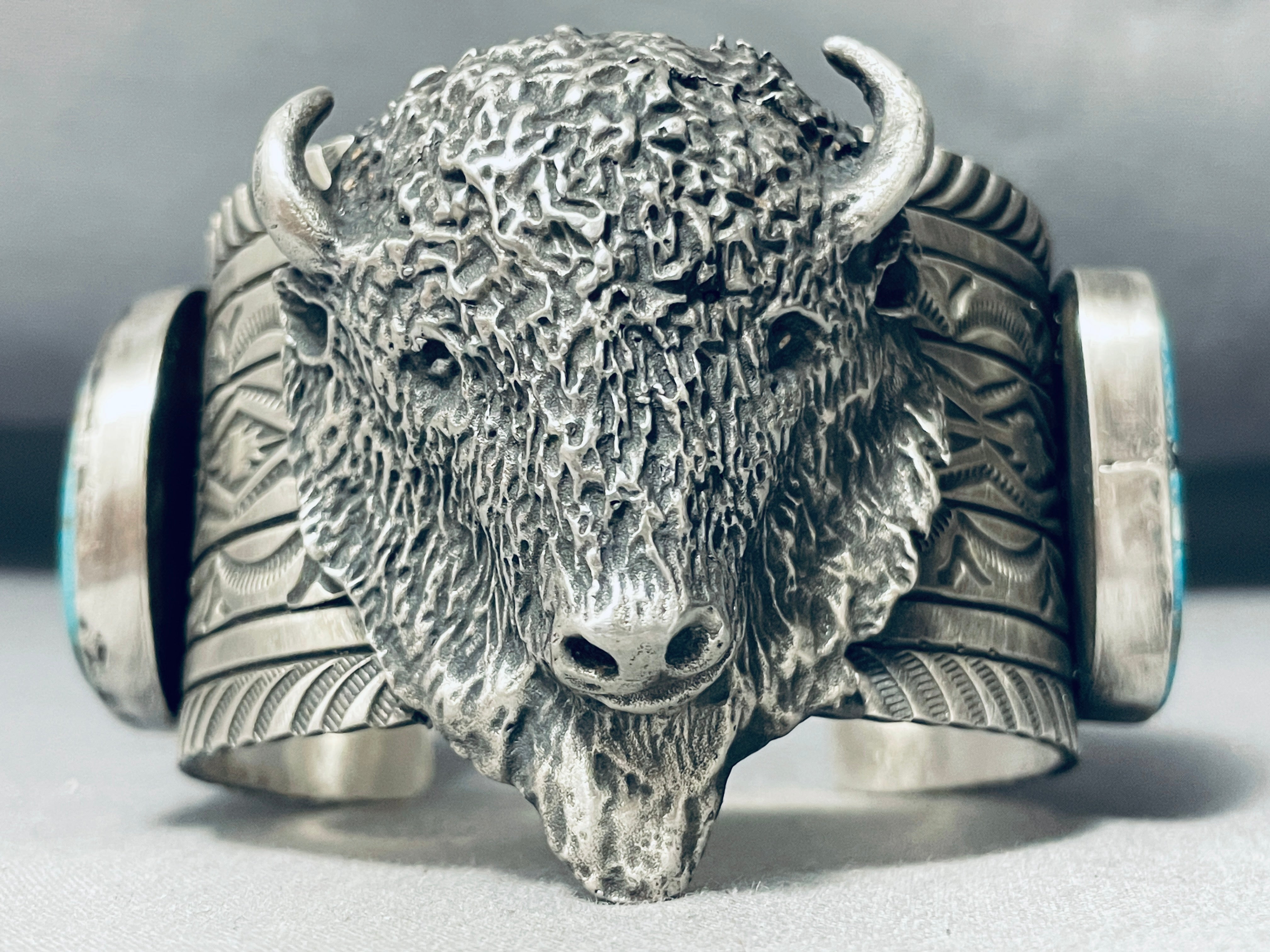 Authentic Navajo Sterling Silver Bison Bracelet with Genuine Turquoise (175g) - Handmade Native American Jewelry for Women, Boho Fashion Accessory, Perfect for Festivals & Spiritual Gifts