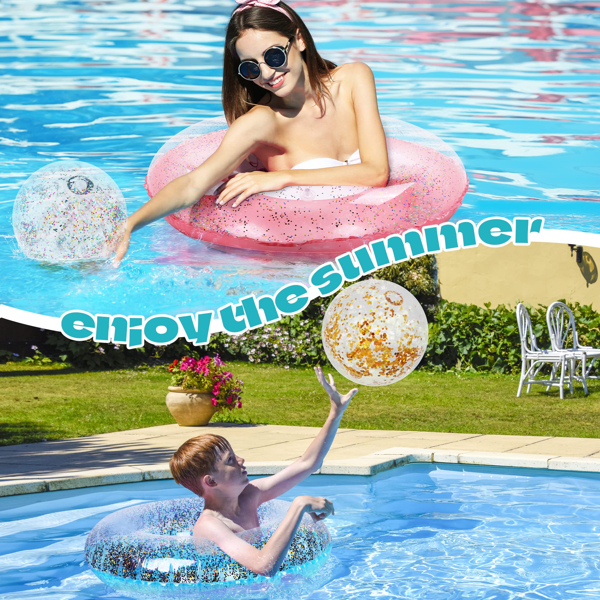 Elcoho 8-Pack Inflatable Glitter Pool Float Beach Balls - 35 Inch Large Swim Rings, Transparent Confetti Flotation Toys for Pool, Lake & Ocean | Perfect for Summer Parties, Backyard Swimming & Beach Vacations