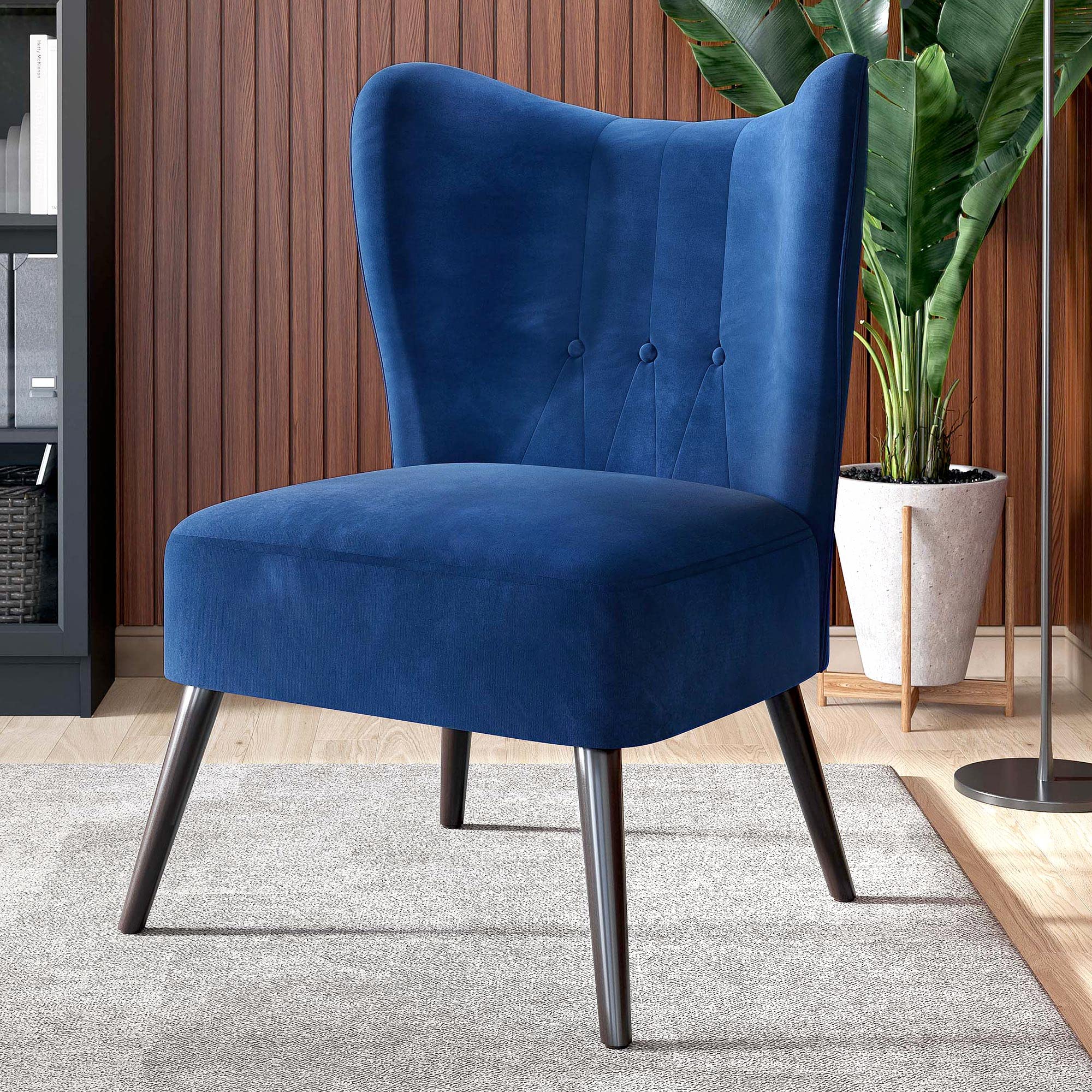 BELLEZE Modern Velvet Accent Chair - Wingback Upholstered Reading Chair with Solid Wood Legs, Tufted Button Armless Corner Chair for Living Room, Bedroom, Office - Sheila (Blue) | Perfect for Small Spaces, Reading Nooks & Cozy Home Decor
