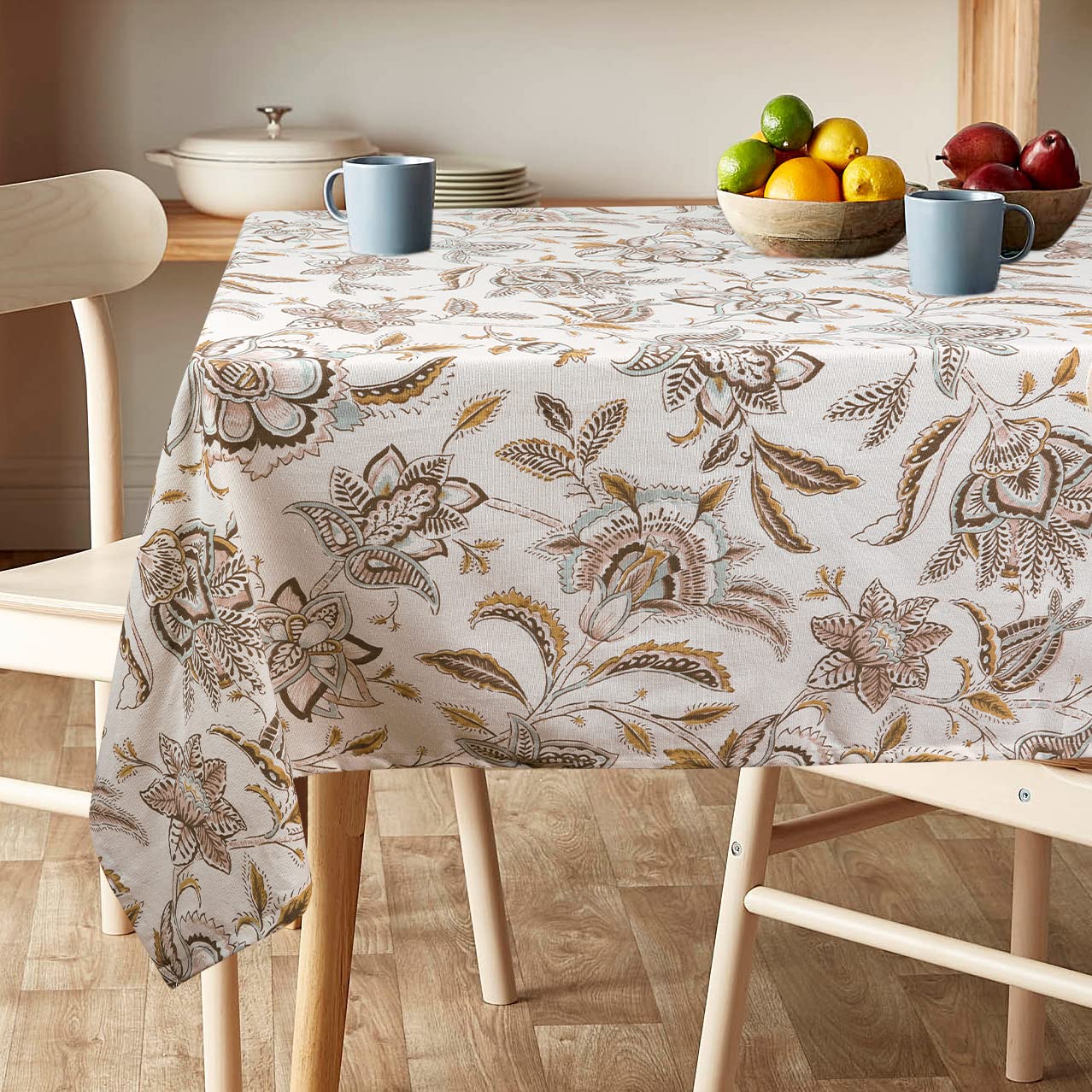 ColorBird Camellia Print Cotton Linen Tablecloth - Farmhouse Rustic Floral Table Cover for Kitchen, Dining Room, Picnic - 55 x 70 Inch Rectangle/Oblong - Perfect for Holiday Gatherings & Outdoor Dining