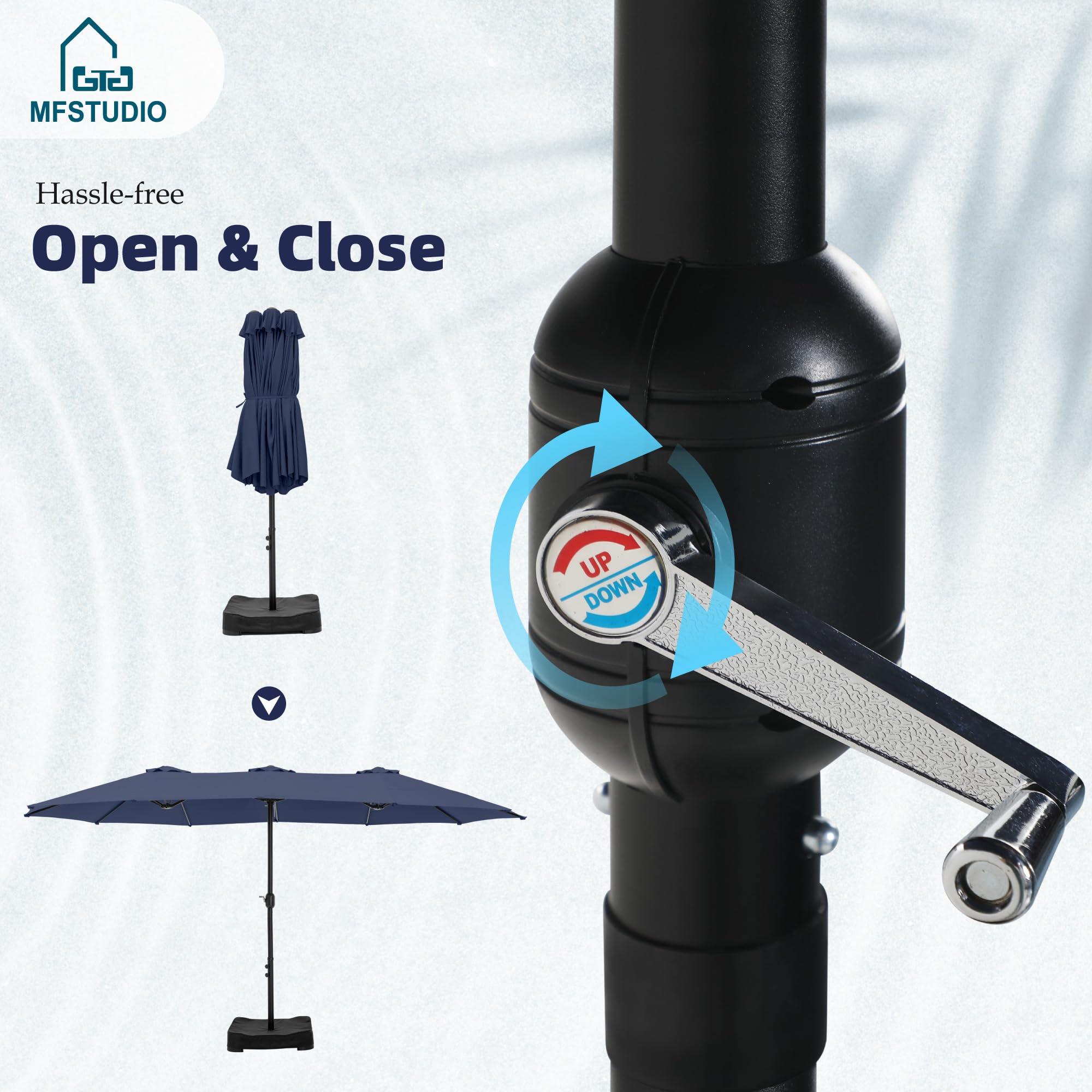 MFSTUDIO 15ft Double Sided Rectangular Patio Umbrella with Heavy Duty Base - Outdoor Market Umbrella with Easy Crank Handle for Deck, Pool, Garden, Restaurant & Backyard Shade - Perfect for Sun Protection and Outdoor Relaxation