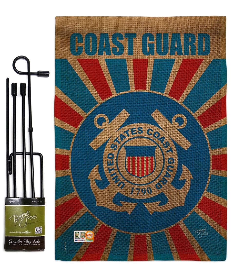 USCG Burlap Garden Flag Set with Stand - Double-Sided 13x18.5 - Perfect for Military Yard Decor