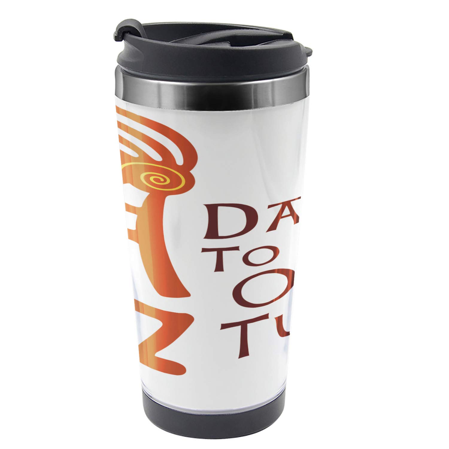 Ambesonne Kokopelli 16 oz Stainless Steel Travel Mug - Tribal Cultural Design with Abundance & Fertility Motifs in Vermilion Shamrock Green - Perfect for Coffee, Tea & Hot Beverages on the Go