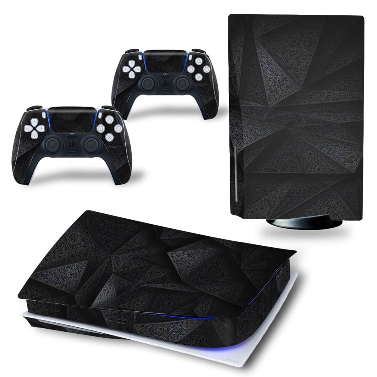 Black Geometry Vinyl Skin Sticker Decal Cover for PS5 Disc Edition Console & Controllers - Protective Custom Design for Gaming Setup, Perfect for PS5 Owners & Gamers