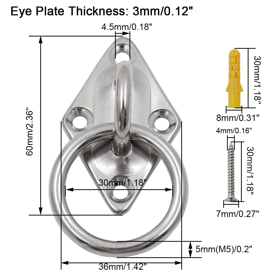 4Pcs Heavy Duty M5 Stainless Steel Diamond Pad Eye Plate with Ring Hook - Ceiling & Wall Mount Bracket for Yoga Swings, Hammocks, Boat Rigging, Suspension Training Straps - Perfect for Home Gym, Outdoor Activities, and Marine Applications