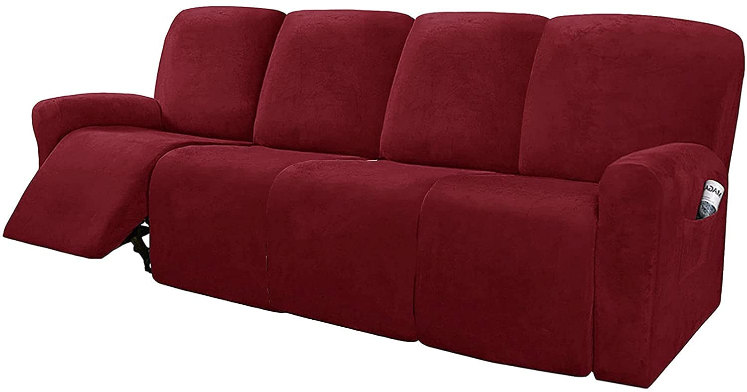 10-Piece Velvet Stretch Recliner Sofa Covers - Soft Washable Slipcovers for 4-Cushion Reclining Couches, Thick Furniture Protector (Red) - Perfect for Living Room, Home Theater & Family Gatherings