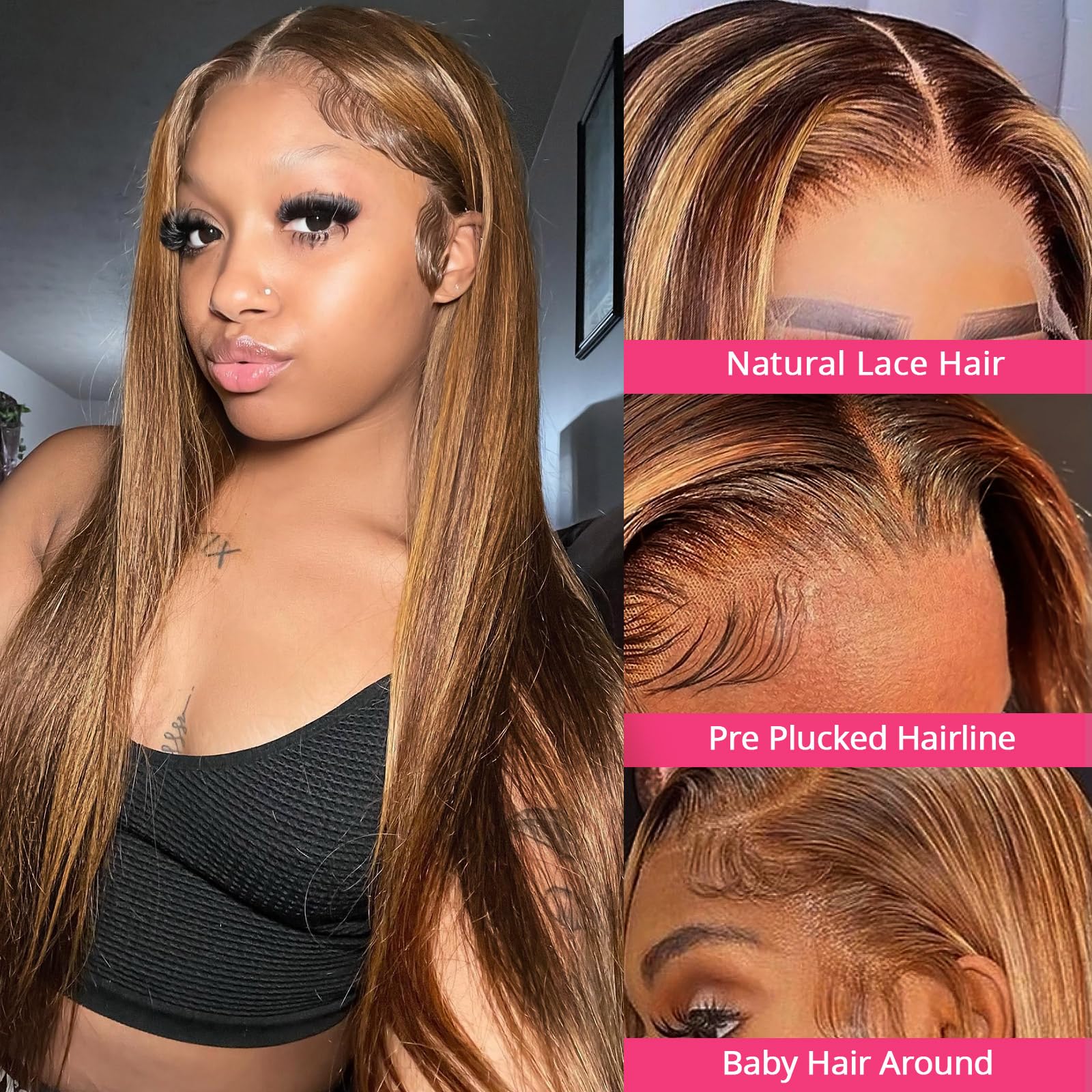 YUTU 13x6 HD Transparent Lace Front Wig - 180% Density Human Hair with Pre-Plucked Baby Hair, 28INCH Straight Blonde Ombre Highlights - Perfect for Daily Wear, Parties & Special Occasions