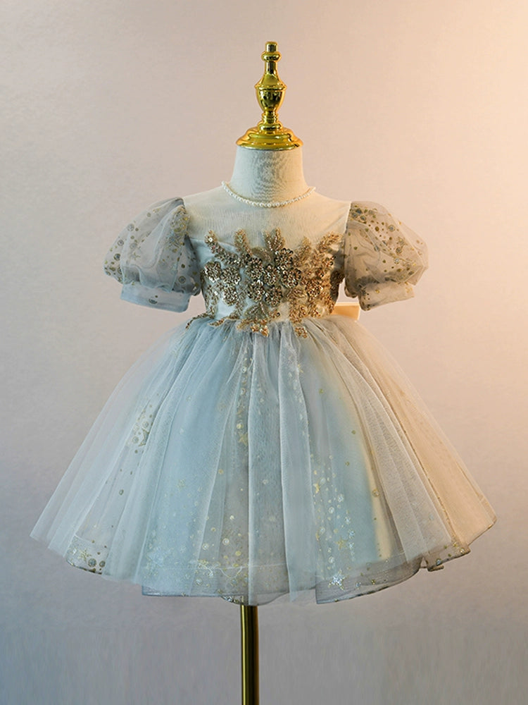 Dusty Blue Princess Round Tea Length Tulle Flower Girl Dress for Weddings & Special Occasions