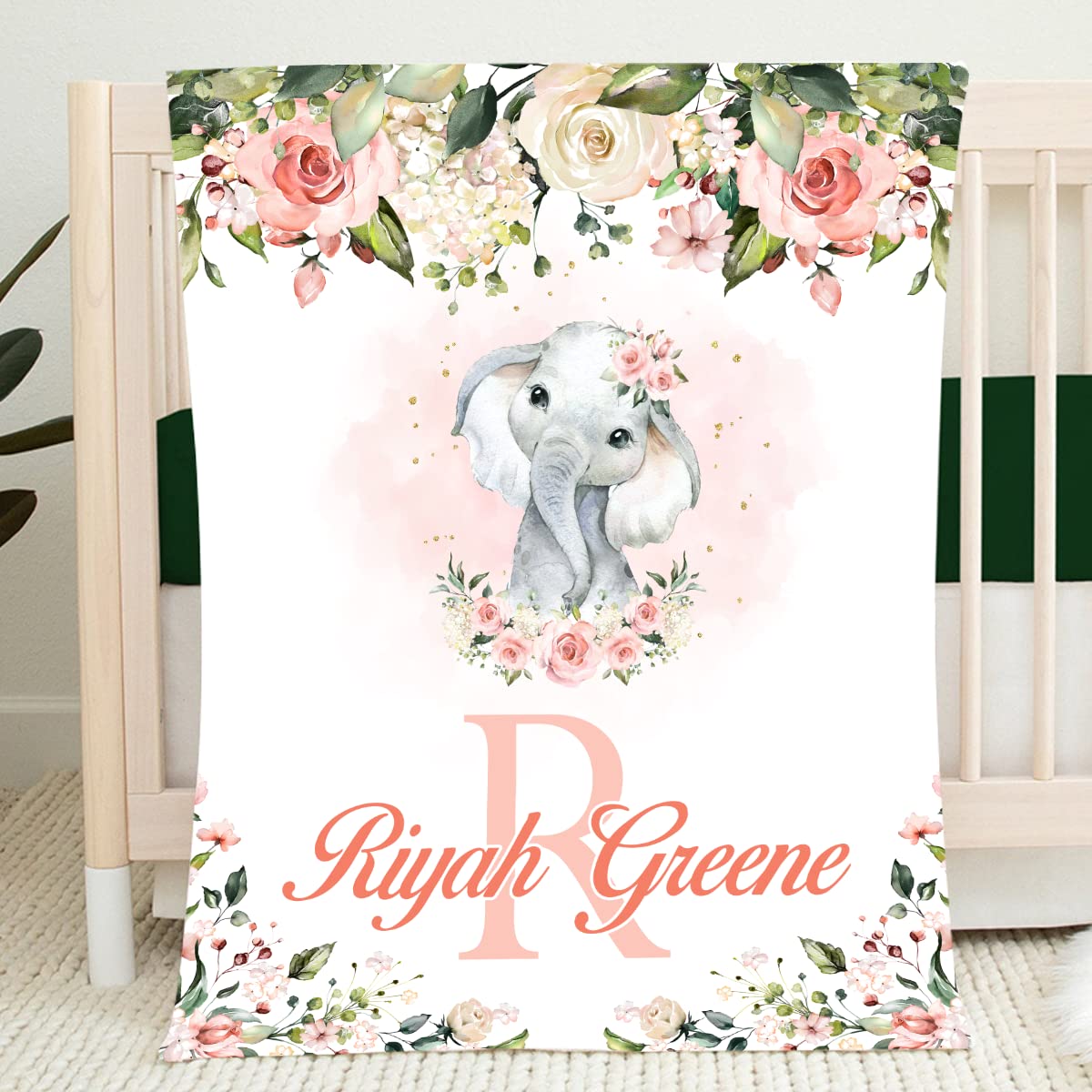 Personalized Monogram Baby Girl Blanket with Cute Elephant Design - Custom Pink Floral Fleece Sherpa Blanket for Newborns - Perfect Baby Shower Gift & Nursery Bedding for Girls (Great for Cuddling, Photo Props & Nursery Decor)