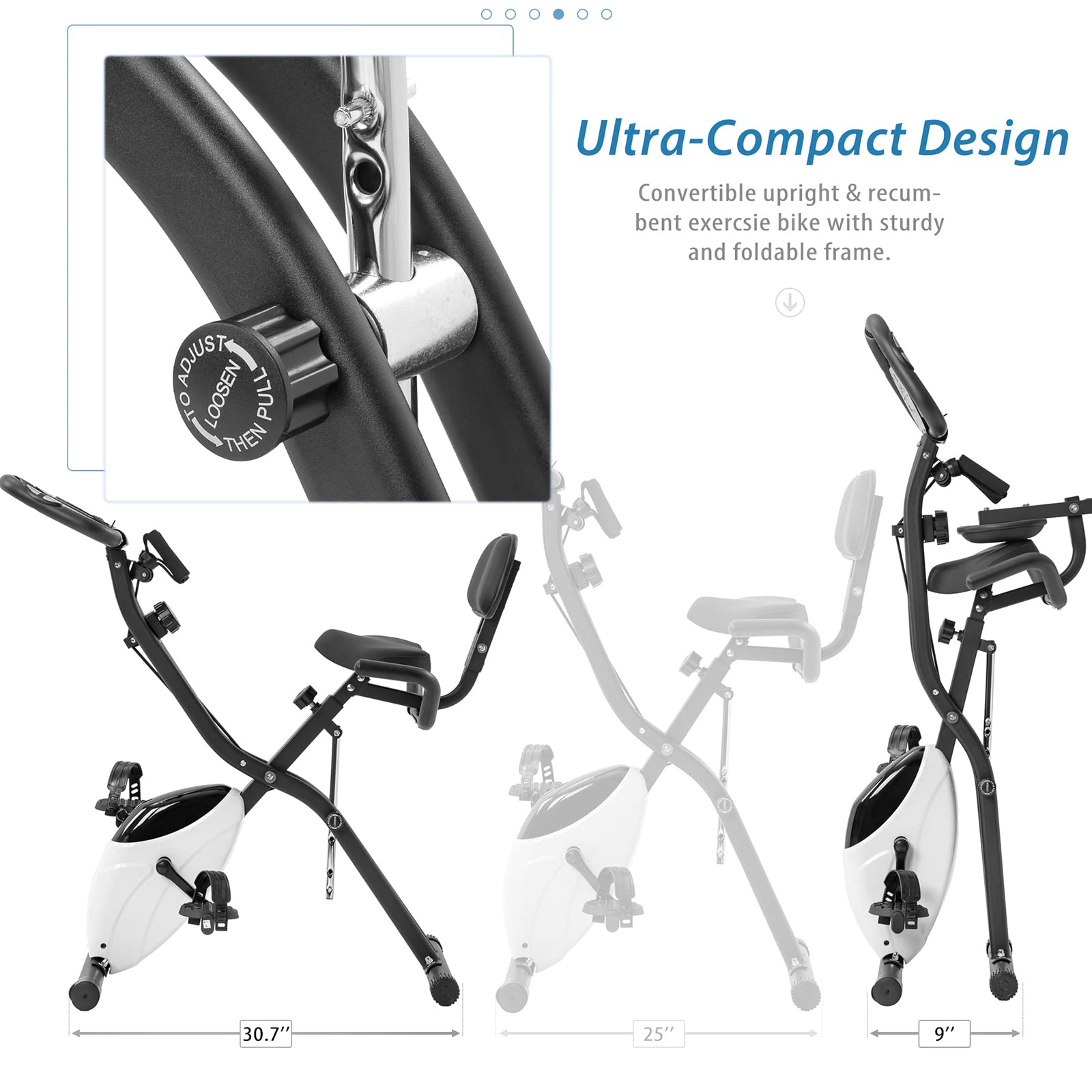 Foldable Exercise Bike for Home & Office - Adjustable Upright/Recumbent X-Bike with 10-Level Magnetic Resistance, Arm Bands & Backrest (350LBS Capacity) - Perfect for Cardio Workouts, Small Spaces & Home Gym Fitness - White & Metal Frame