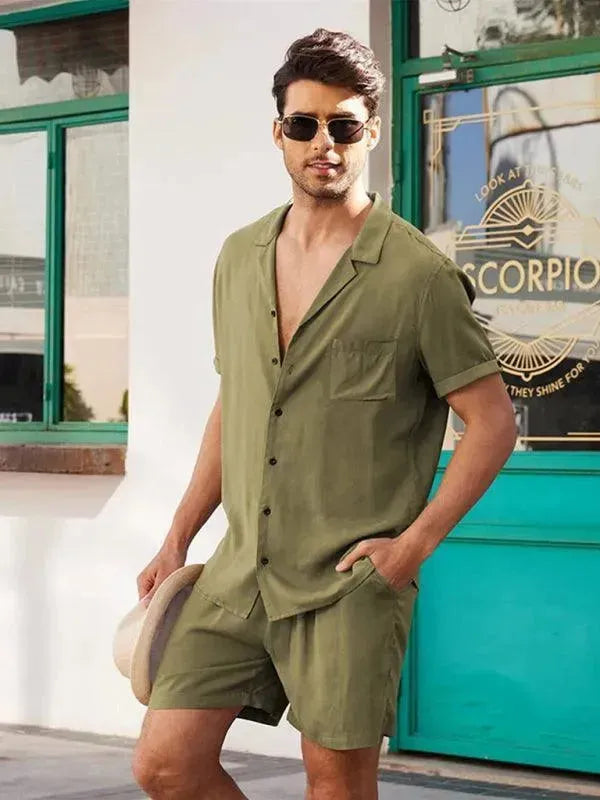 Men's Relaxed Casual Olive Green Shorts Set - Comfortable Summer Outfit for Beach, Travel & Outdoor Activities