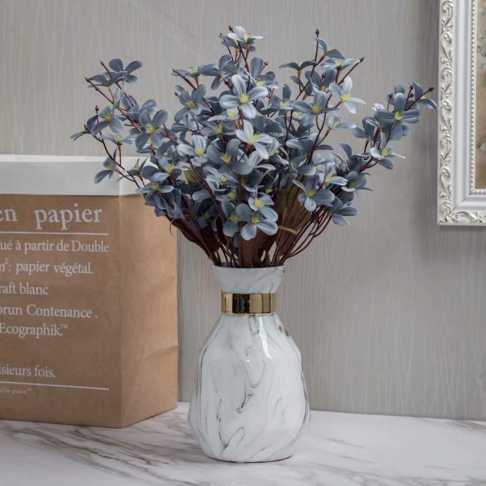 Elegant White Ceramic Flower Vases with Marble Texture & Gold Detailing - Geometric Home Decor for Kitchen, Office, Wedding Centerpiece or Living Room Display