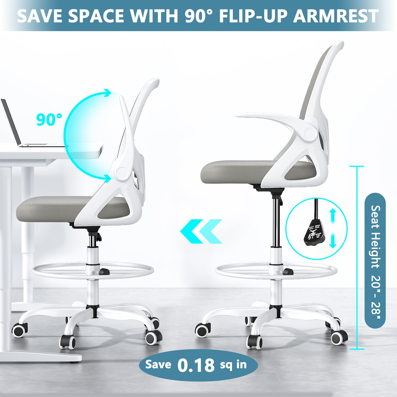 Ergonomic Tall Drafting Chair with Footrest Ring - Adjustable Height Office Chair with Flip-Up Arms & Lumbar Support for Home & Work (Gray) - Perfect for Architects, Artists & Long Work Sessions at Standing Desks