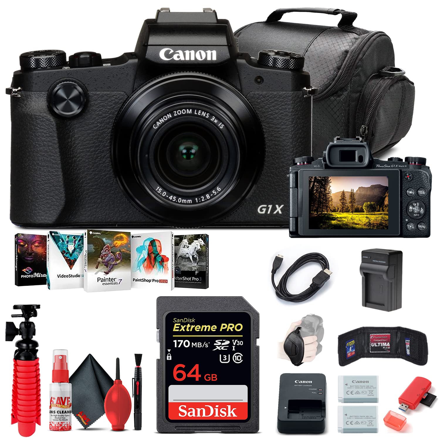 Canon PowerShot G1 X Mark III Digital Camera (2208C001) - 24.2MP APS-C Sensor, 3x Optical Zoom, Wi-Fi & Bluetooth - Includes 64GB Memory Card, NB13L Battery, Corel Photo Software, Charger, Card Reader, Deluxe Soft Bag, Flex Tripod (Renewed) - Perfect for Travel Photography, Vlogging & Professional Shoots
