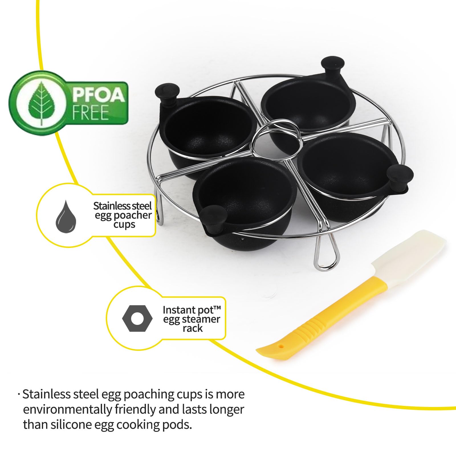 Non-Stick Egg Poacher Insert Set - 4 Stainless Steel Poaching Cups with Steamer Rack & Free Silicone Spatula | Perfect for Eggs Benedict, Breakfast Meal Prep | Compatible with Most Skillets & Pans