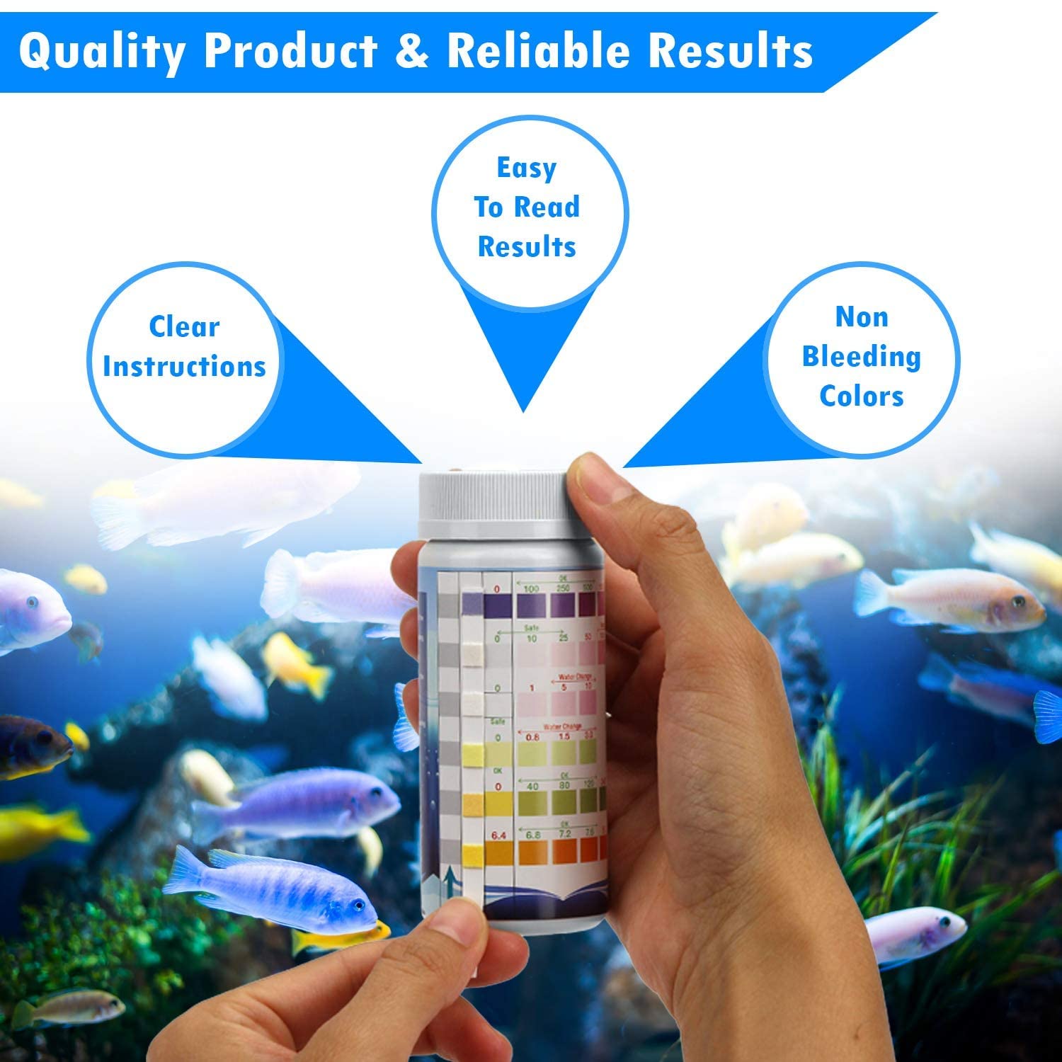 7 in 1 Aquarium Test Strips Kit - 100 Fast & Accurate Fish Tank Water Test Strips with Thermometer - Essential Water Testing for Freshwater & Saltwater Aquariums, Ponds - Monitor pH, Nitrate, Nitrite, Chlorine Levels for Healthy Fish