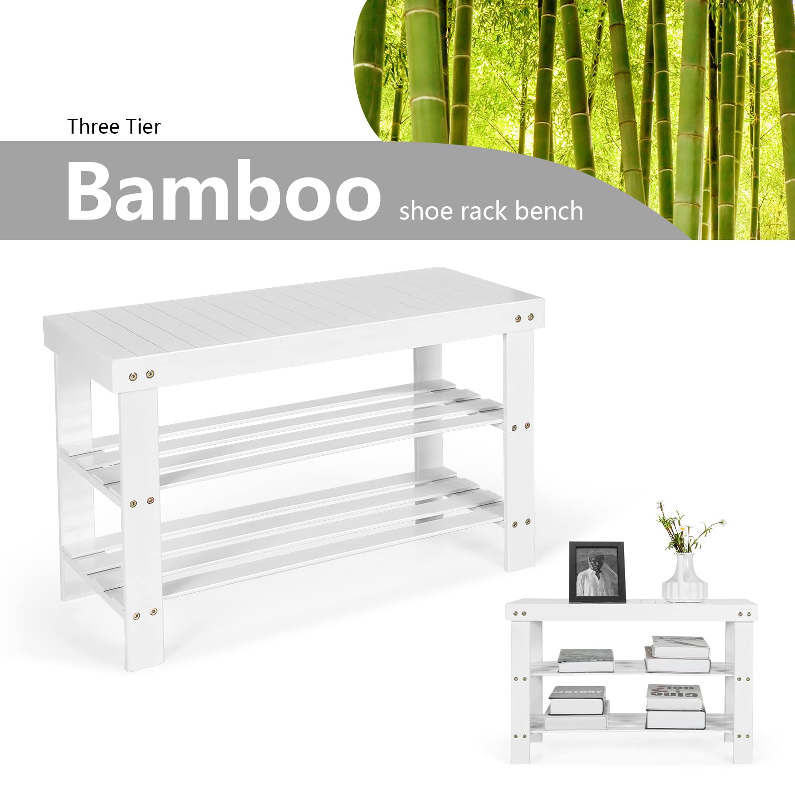 Giantex 3-Tier Bamboo Shoe Bench & Storage Rack - Holds 6 Pairs of Shoes - Entryway Organizer for Heels, Slippers - Perfect for Living Room, Bathroom, Hallway (White) - Space-Saving Shoe Shelf for Small Apartments & Closet Organization