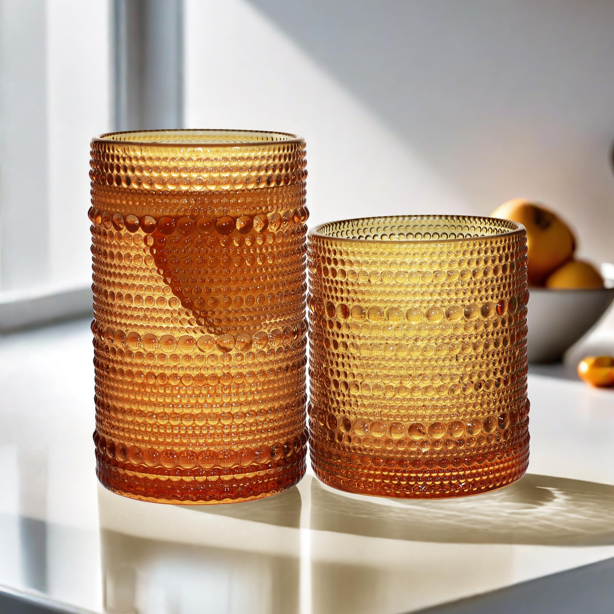 Vintage Hobnail Drinking Glasses Set of 8 - 12 oz Highball & 10 oz Cocktail Glasses, Durable Glassware for Whiskey, Juice, Milk - Perfect for Home Bar, Dinner Parties & Gifts