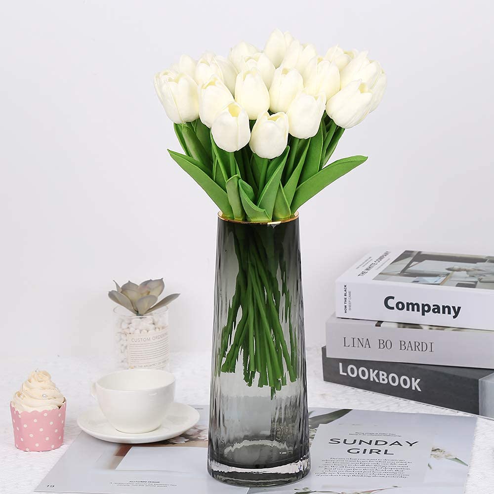 24PCS IPOPU Real Touch Artificial Tulips Flowers - Cream Faux Tulip Decor for Home, Table Centerpieces, Baby Shower & Wedding Arrangements | Lifelike Fake Flowers for Vase, DIY Crafts & Seasonal Decor (Off White)